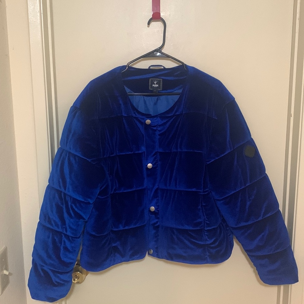 Puffa blue velvet puffer jacket